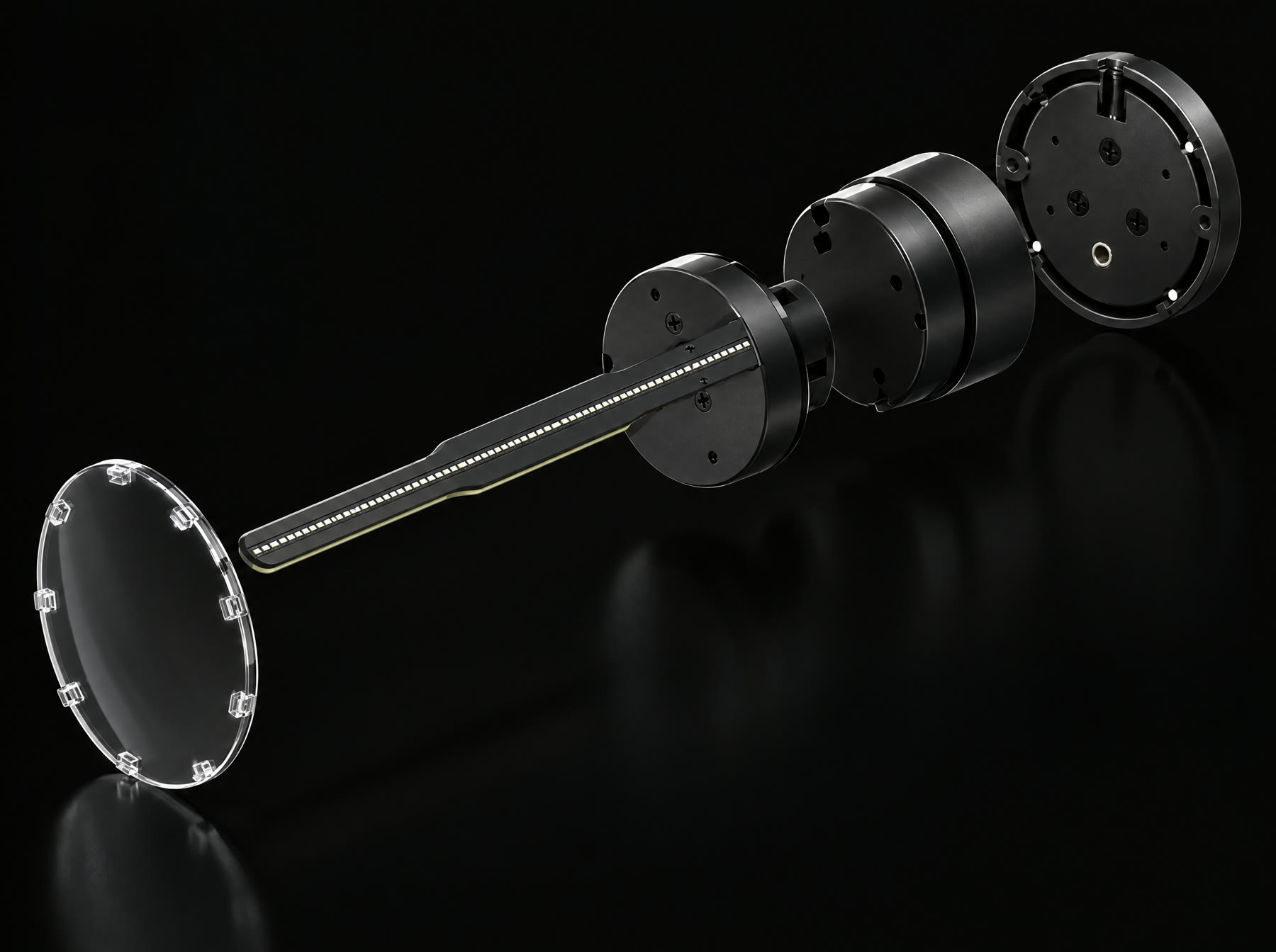 Exploded view of the PD42: cover, LED bar, rotor hub, housing and mounting base